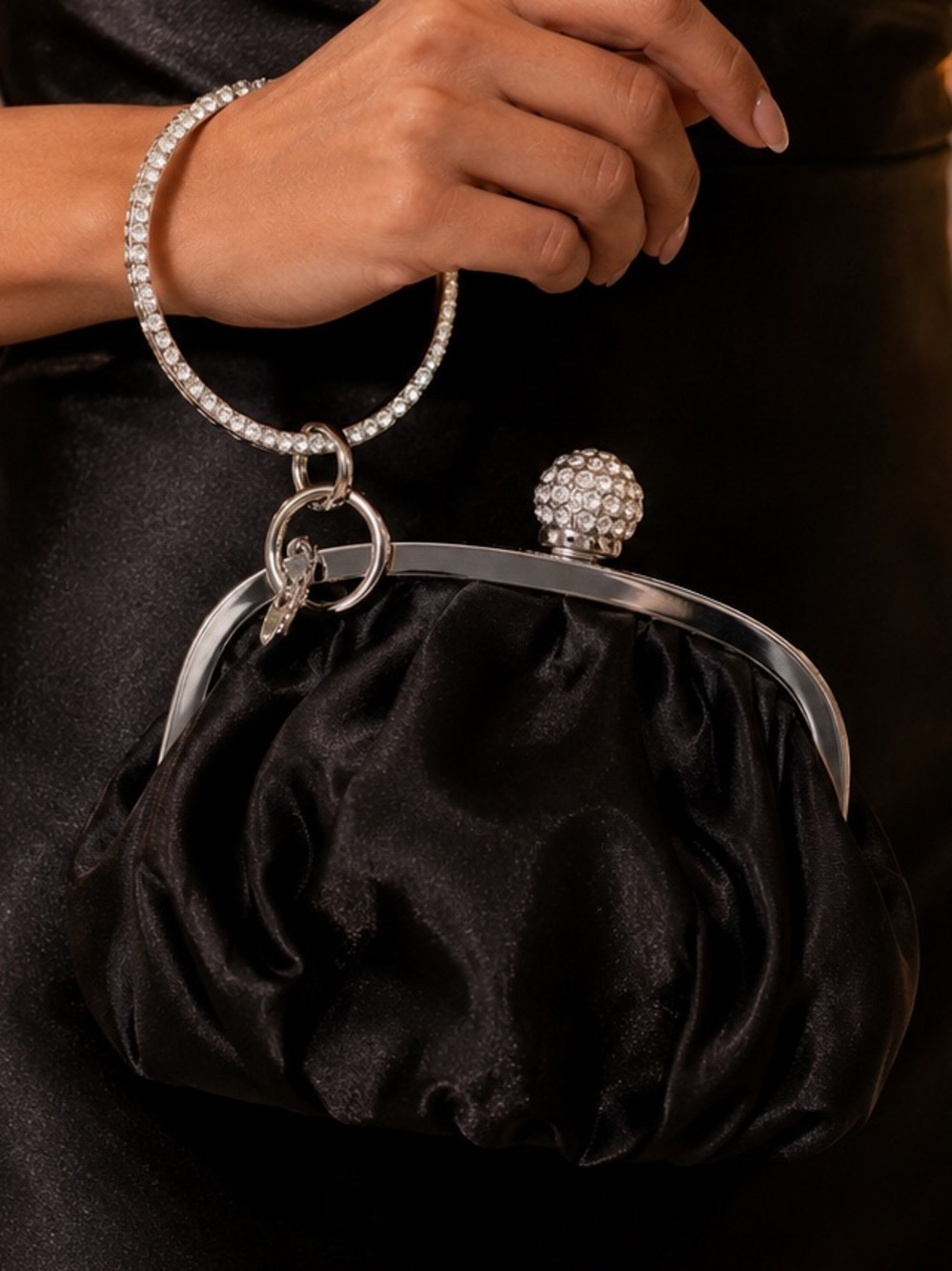 Black Satin Evening Bag Rhinestone Ring Wristlet Clutch NWT
